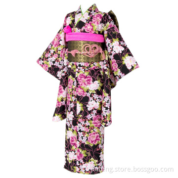 Polyester Flowers Pattern Two-foot Sleeve Black Kimono